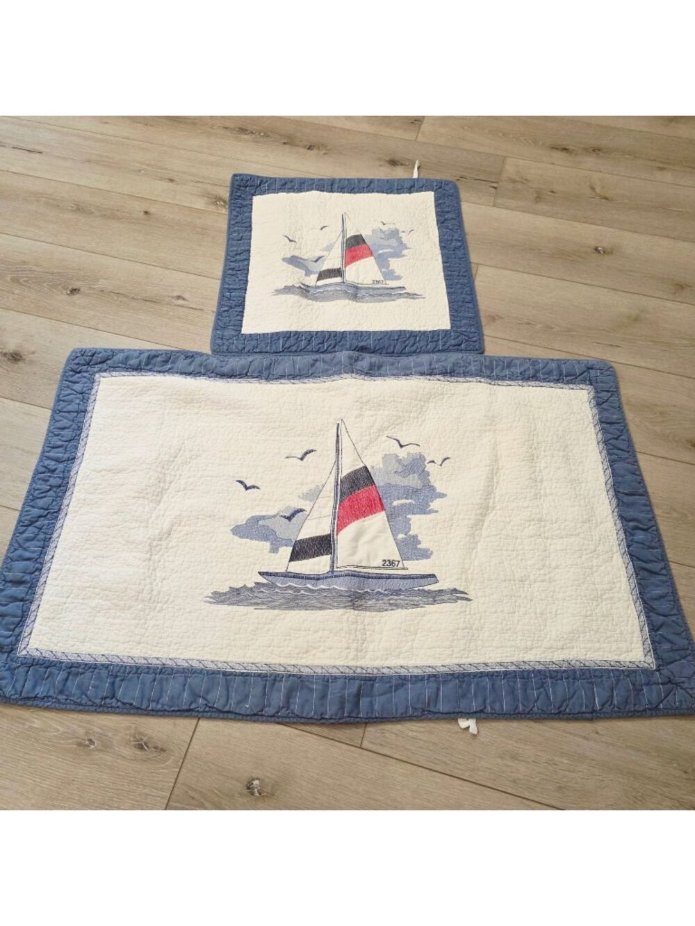 Donna Sharp Costal Embroidered Sailboat Seaside Blue Boarder Pillowcases
